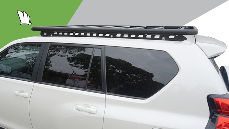 Side view of a Toyota Prado 150 Series with a Wedgetail roof rack installed.