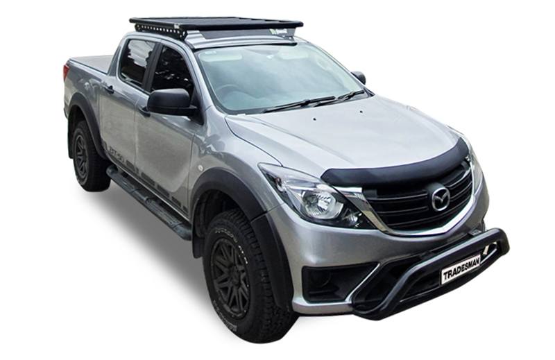 Mazda BT-50 hero image with a front corner view of the BT-50 with a Wedgetail platform roof rack installed on the roof.