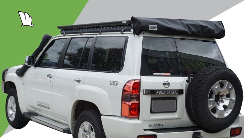 Nissan Patrol GU with Wedgetail roof rack installed showing the one piece mounting rails and the super strong platform frame to which the rear awning is attached.