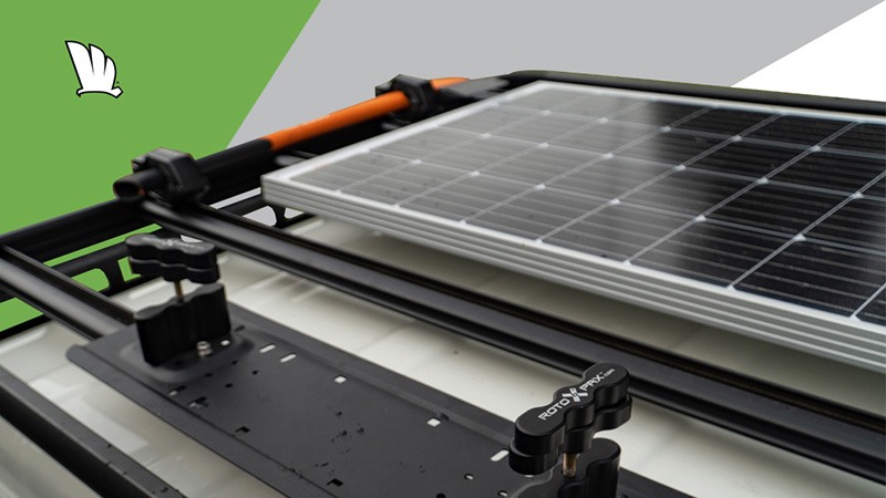 Image of a Wedgetail rack showing a solar panel mounted on the rack using the solar panel mount kit.