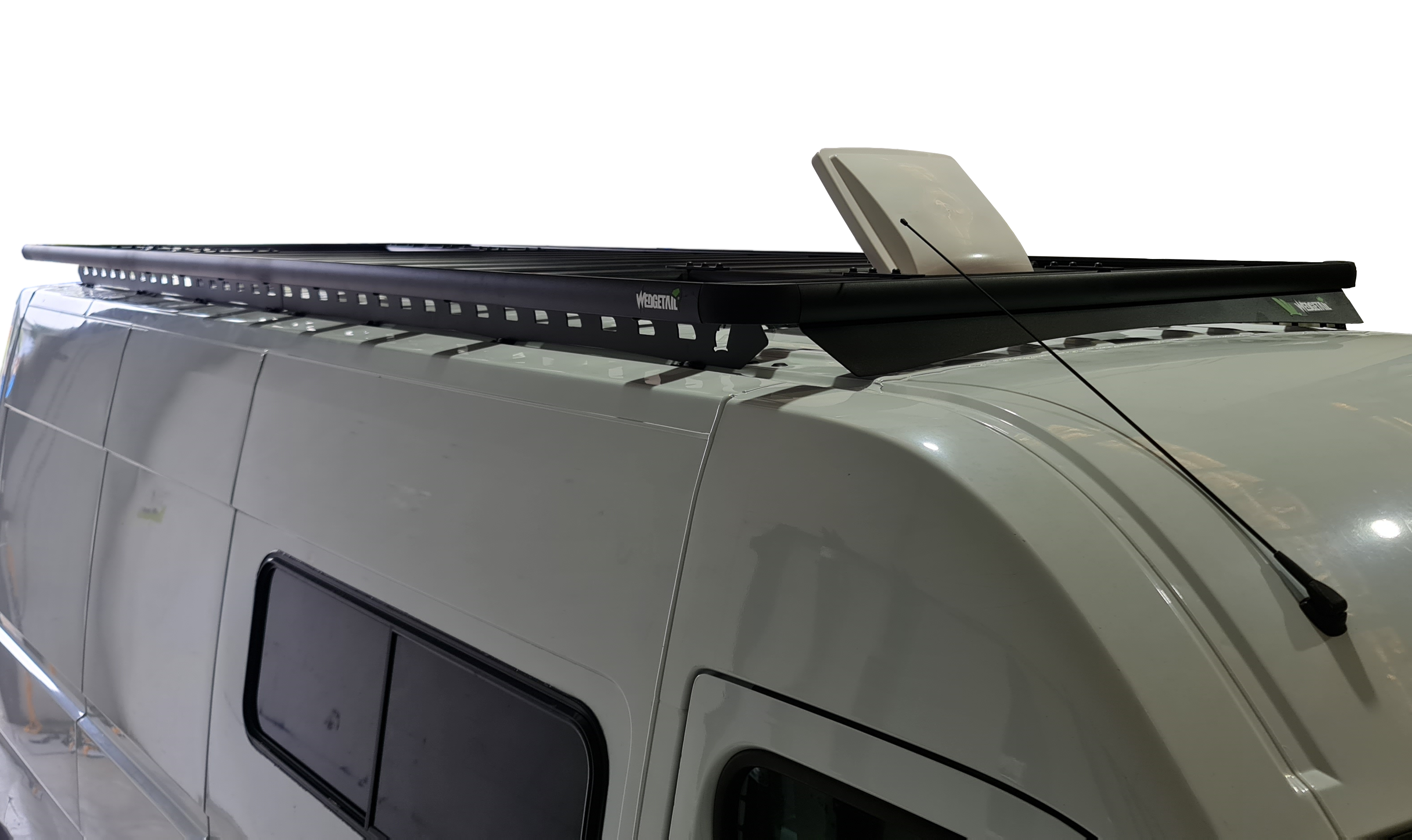 Volkswagen Crafter long wheel base van with a Wedgetail roof rack installed – hero image.