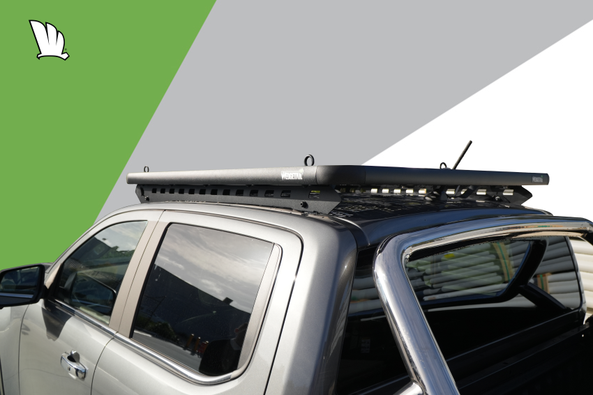 Wedgetail platform roof rack installed on the roof of the dual cab. One-piece mounting rails with two fixing points and the strong platform fixed to the mounting rails at each of the five crossbars.